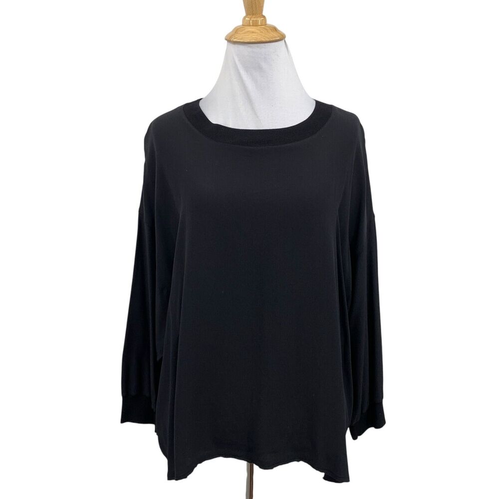 Vince Top Womens S Small Black Silk Satin Crepe Long Sleeve Ribbed Knit Boxy